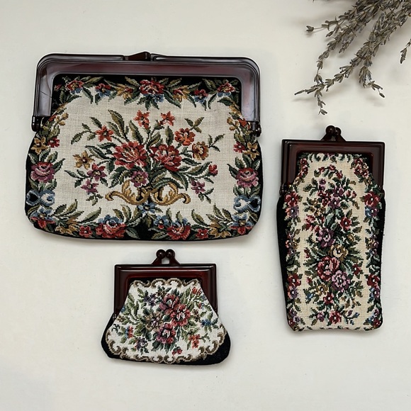 Vintage Tapestry Matching Set Purse Handbag Clutch Coin Purse Glasses Pouch 3pc - Picture 4 of 10